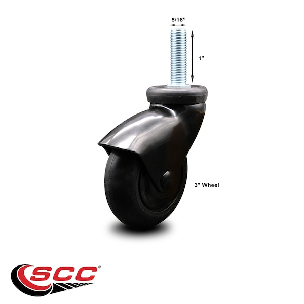 3 Inch Black Hooded Neoprene Rubber 5/16 Inch Threaded Stem Caster SCC